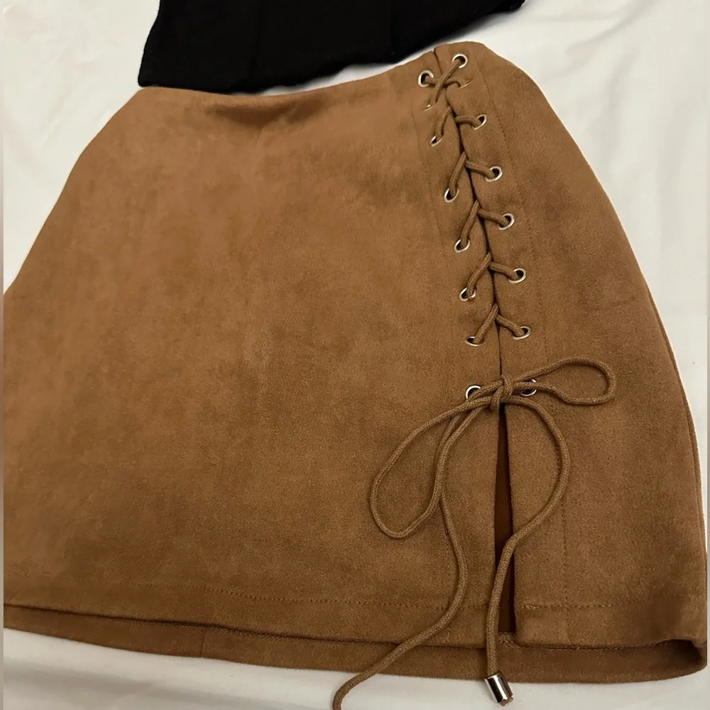 Brown Suede Like Material Skirt with Slit Lace Tie Size Small - Picture 2 of 4